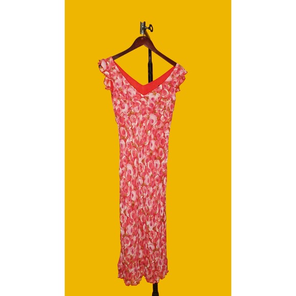 1990s-Y2K. ALLEN B. SCHWARTZ A.B.S. Red Roses Chiffon Flutter Sleeve Dress. S - Picture 4 of 10